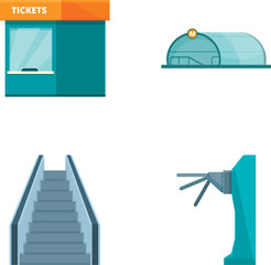 Collection of colorful public transport icons, including tickets, metro, stairs, and turnstile