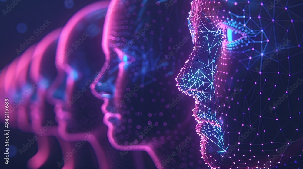 Leinwandbilder abstract representation of facial recognition technology with glowing profiles. generative ai