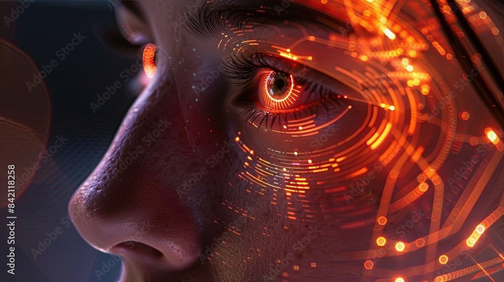 Aufkleber A close-up of an eye with digital lines and glowing circuits surrounding it, representing a facial recognition system concept. Generative AI