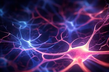 Fototapeta premium Abstract background with glowing neurons and brain cell connections on a dark blue background, with pink and orange colors. 