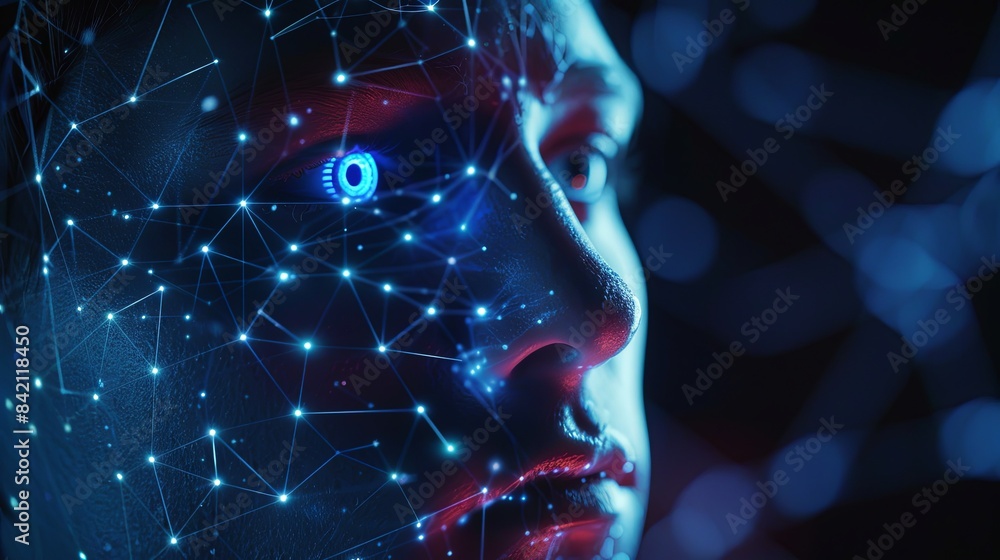 Aufkleber A close-up shot of a face illuminated by a glowing network of lines, representing the concept of facial recognition technology. Generative AI