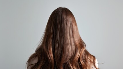 Obraz premium Woman with long brown hair viewed from the back, minimalistic background. Beauty and haircare concept