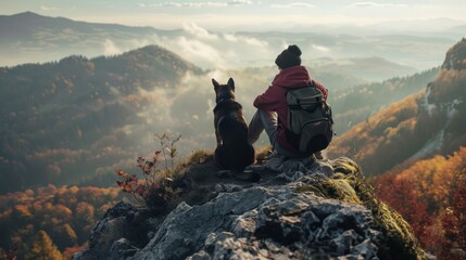 Peak Harmony Person and Dog Embrace Triumph at Mountain Summit Gazing into Majestic Valley Below