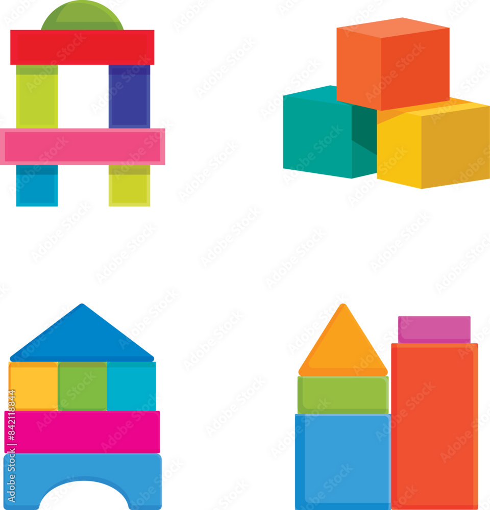 Poster collection of colorful toy blocks arranged in various shapes isolated on white
