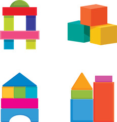 Collection of colorful toy blocks arranged in various shapes isolated on white