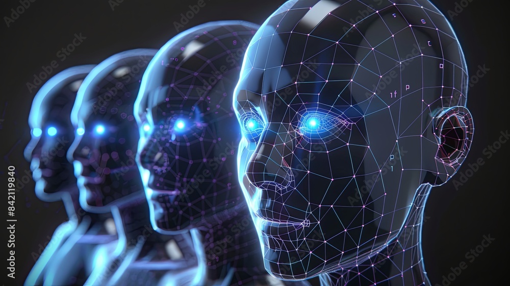 Aufkleber A digital rendering of multiple faces, each made up of a wireframe grid, stand in a line. Their eyes glow brightly, creating a futuristic look. Generative AI