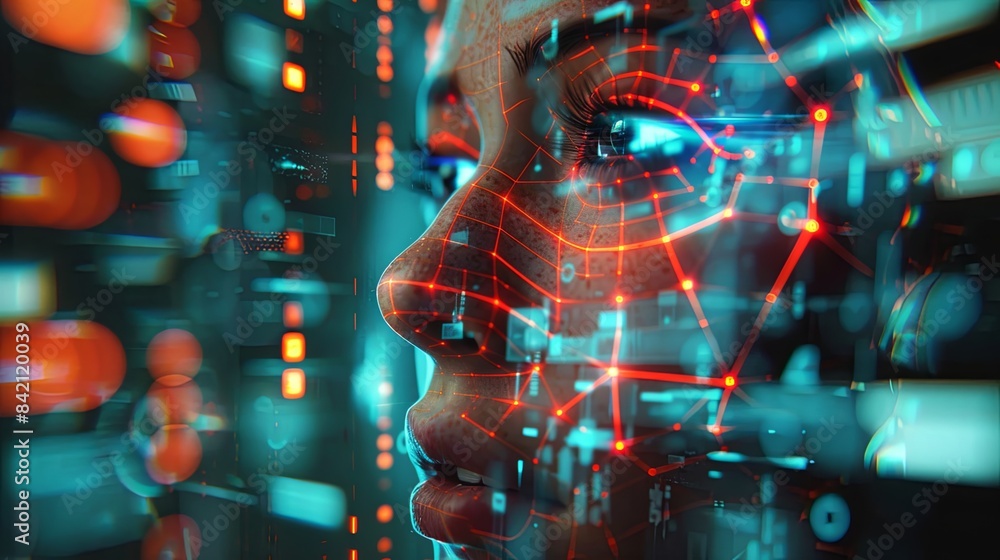 Aufkleber a close-up of a persons face with a digital overlay, representing facial recognition technology. gen