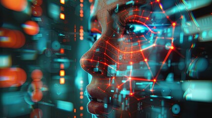 A close-up of a persons face with a digital overlay, representing facial recognition technology. Generative AI