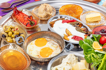 Traditional Turkish Breakfast Table (Serpme Kahvalti). Traditional Turkish village breakfast with...