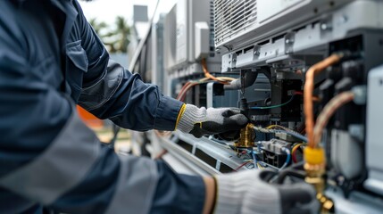 Expert HVAC Technician Installing Air Conditioner with Precision in Modern Home