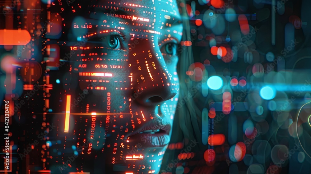 Aufkleber A close-up image of a persons face, with a digital overlay of data and lines, illustrating the concept of facial recognition technology. Generative AI