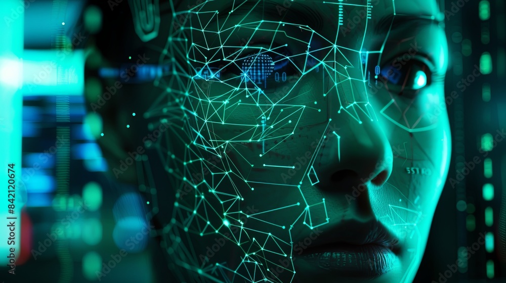 Aufkleber a close-up view of a persons face illuminated by a digital grid, showcasing the principles of facial