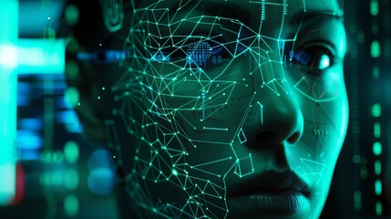 A close-up view of a persons face illuminated by a digital grid, showcasing the principles of facial recognition technology. Generative AI
