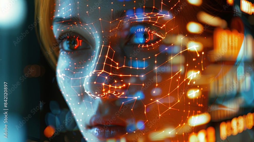 Aufkleber a womans face is illuminated by a digital network of glowing lines, showcasing the potential of faci