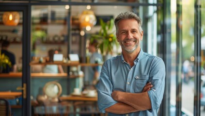 Fototapeta premium Handsome middle-aged man smiling and standing with arms crossed in his modern office, looking at the camera. A man wearing a casual shirt standing in front of a glass wall in the coffee shop