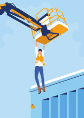 Aerial Work Platform safety. Illustration of falling from the work platform as a common hazard. A man falling from a boom lift. Pure vector. © norsob