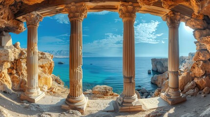 Fototapeta premium A scenic view of the sea through the ornate pillars of an ancient stone temple