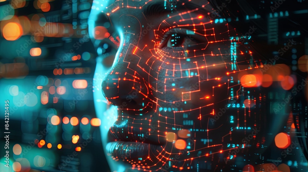 Aufkleber a close-up of a face overlaid with a network of glowing red lines, suggesting advanced facial recogn