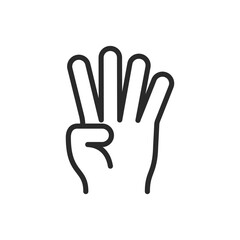 Hand showing number four, linear style icon. Editable stroke width