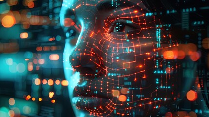 A close-up of a face overlaid with a network of glowing red lines, suggesting advanced facial recognition technology in a futuristic setting. Generative AI