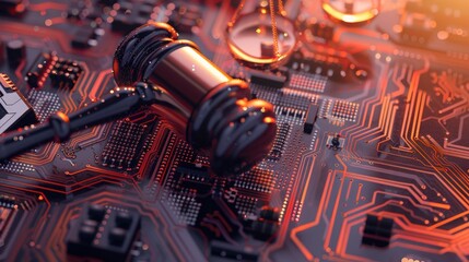 AI circuit board with gavel and scales overlay representing legal and ethical implications of AI. AI ethics
