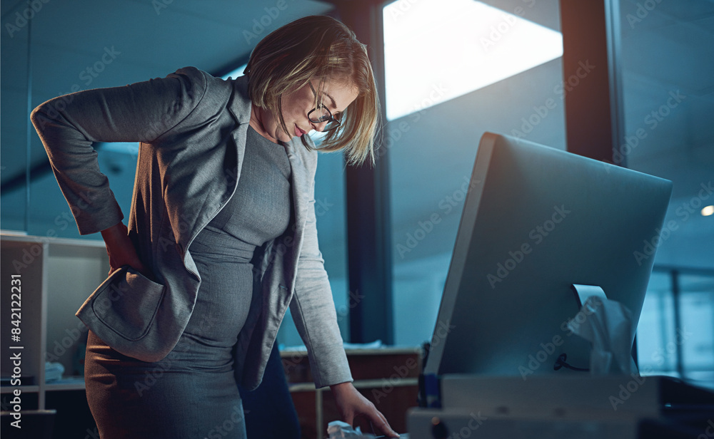 Aufkleber woman, office and computer in working late with reading for deadline as project manager in web agenc