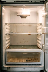 Empty, dirty fridge with stains and crumbs