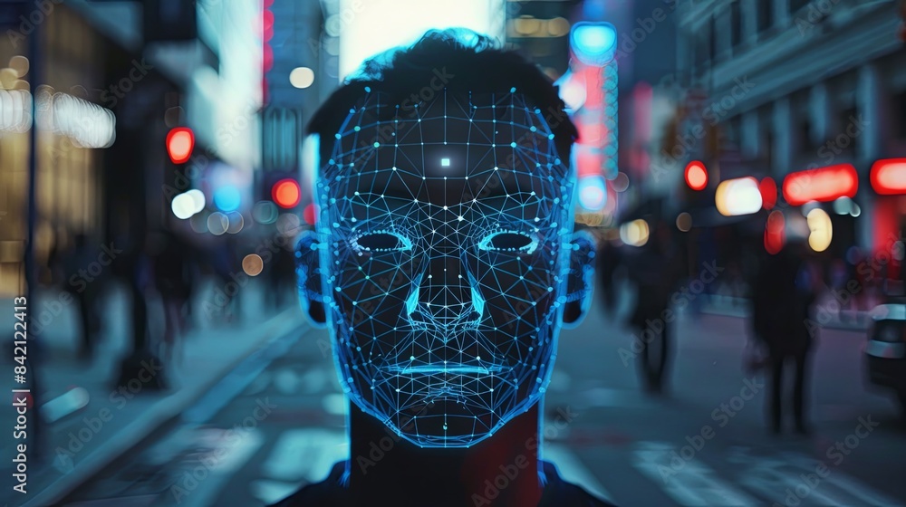 Poster a person walks through a bustling city at night, their face overlaid with a digital mesh, symbolizin