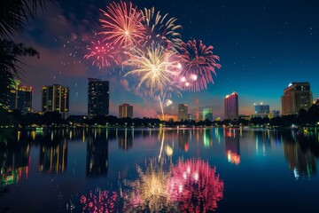 Fireworks illuminating Orlando skyline over lake at night during celebration event