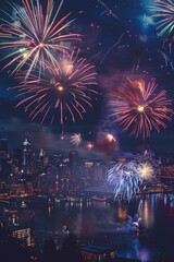 Fireworks over Seattle skyline during festive night celebration