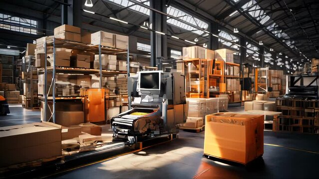 Cardboard boxes on conveyor belts and rollers in distribution warehouse, Delivery and packaging service concept background