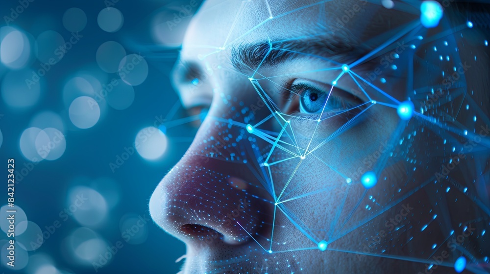 Poster a close-up of a mans face with a digital network overlay, illustrating the concept of facial recogni