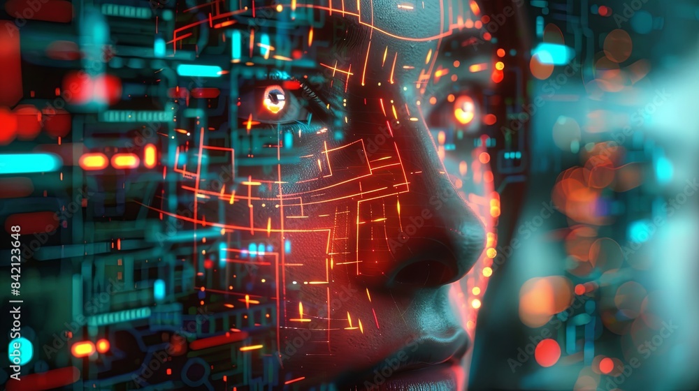 Poster A close-up of a human face, illuminated by glowing lines, depicting the concept of facial recognition systems. Generative AI