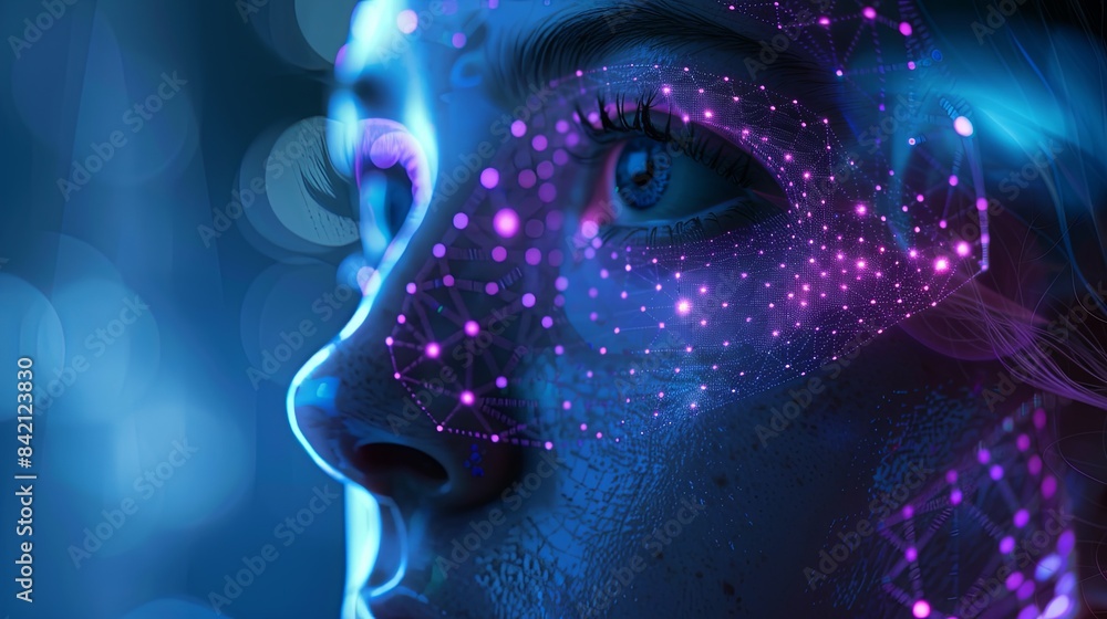 Aufkleber a close-up of a persons face with a digital overlay, depicting a facial recognition system in operat