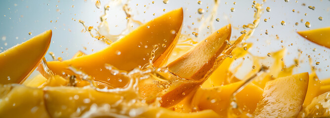 Ripe mango pieces dropping into a pool of sweet juice