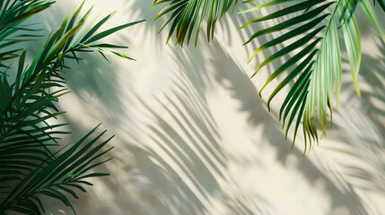 Naklejka premium Tropical palm leaf casting soft shadow on light wall with empty space in the center for text or design, minimalist summer background