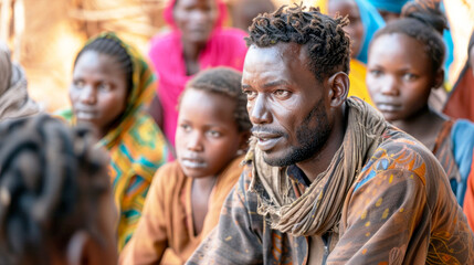 Fototapeta premium Man with dreadlocks listens intently as a woman speaks to a group of people
