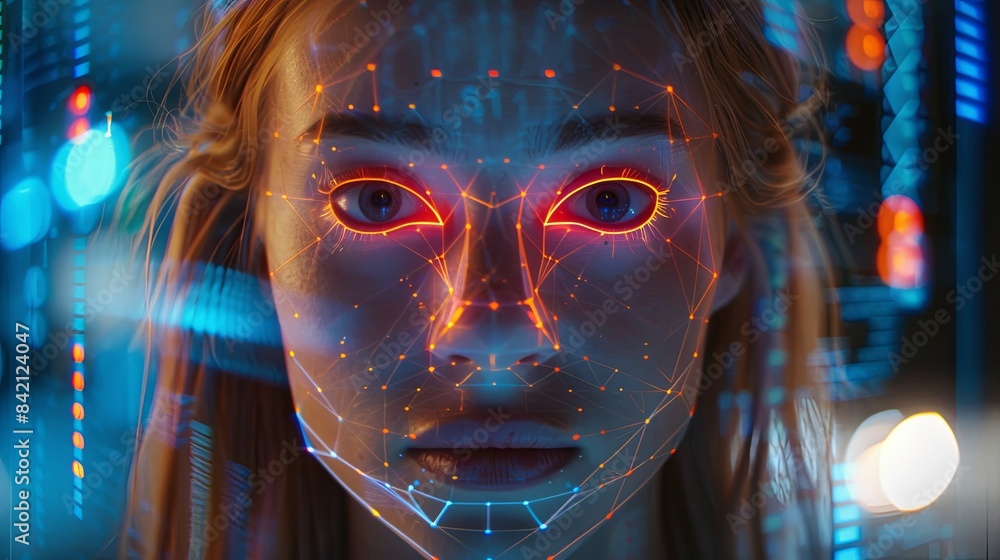 Poster A womans face is illuminated by a glowing network of data points, signifying facial recognition technology. Generative AI