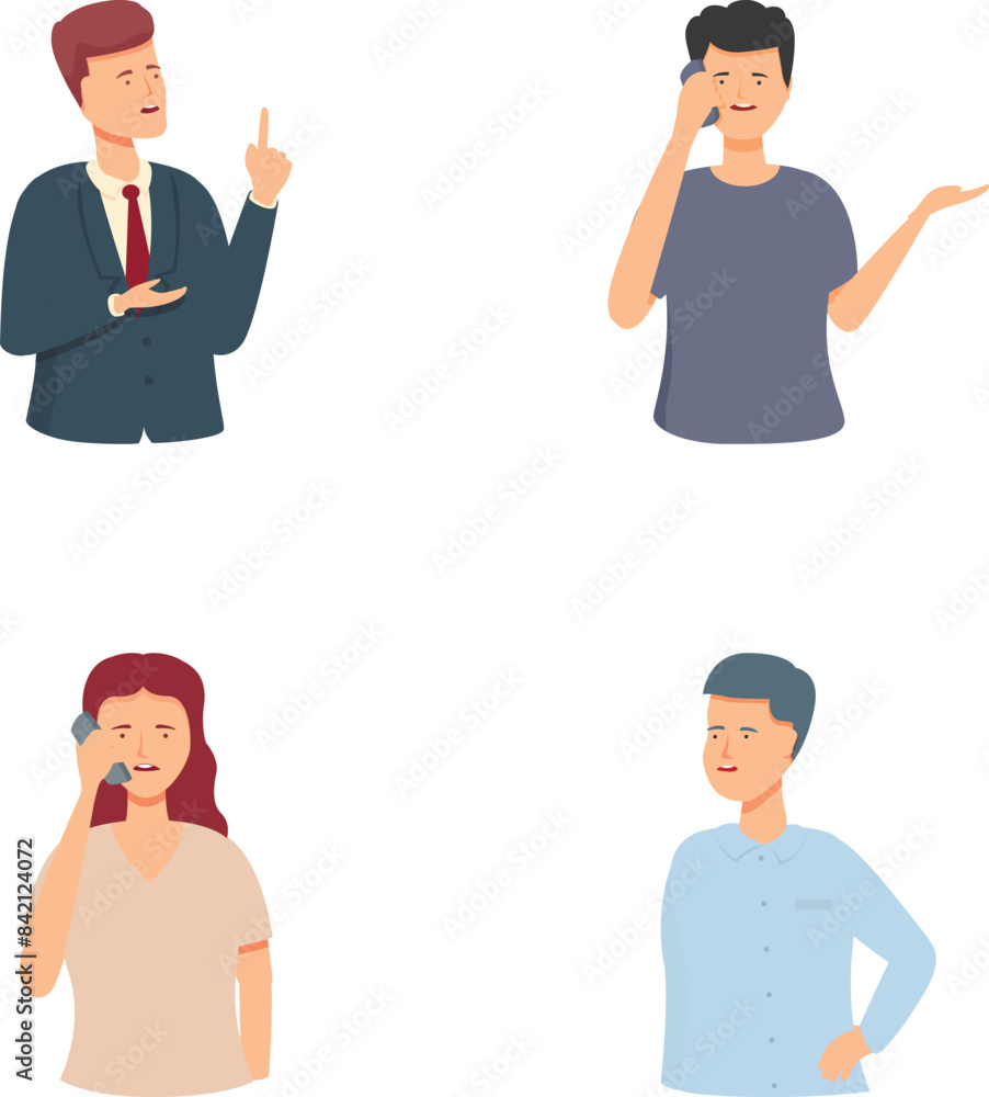 Poster collection of illustrated characters displaying a range of emotions and hand gestures, isolated on w