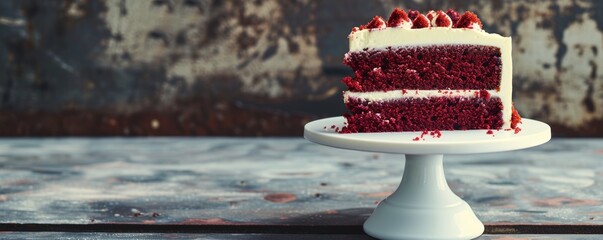 Slice of red velvet cake on white serving pedestal, rustic background. Dessert and baking concept