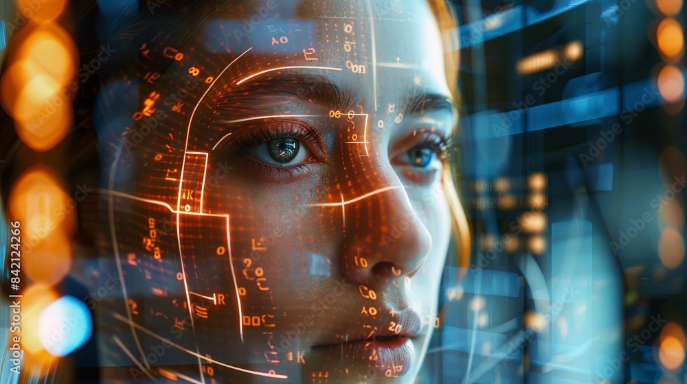 Aufkleber a womans face is overlaid with a futuristic digital grid, signifying the application of facial recog
