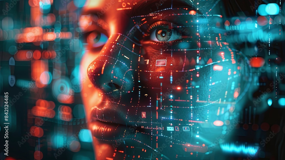 Aufkleber a close-up image of a persons face covered in a vibrant digital overlay, representing the concept of