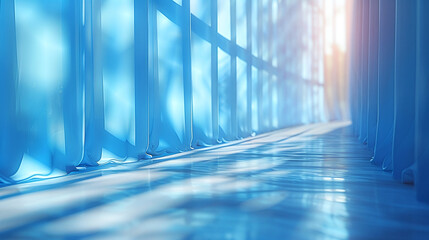 transparent blue curtains on a high window front