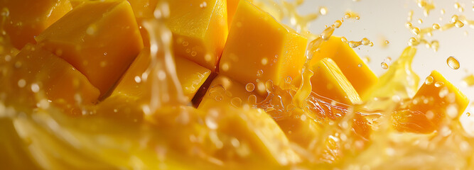 A slice of mango drops in orange juice, blending vibrant flavors