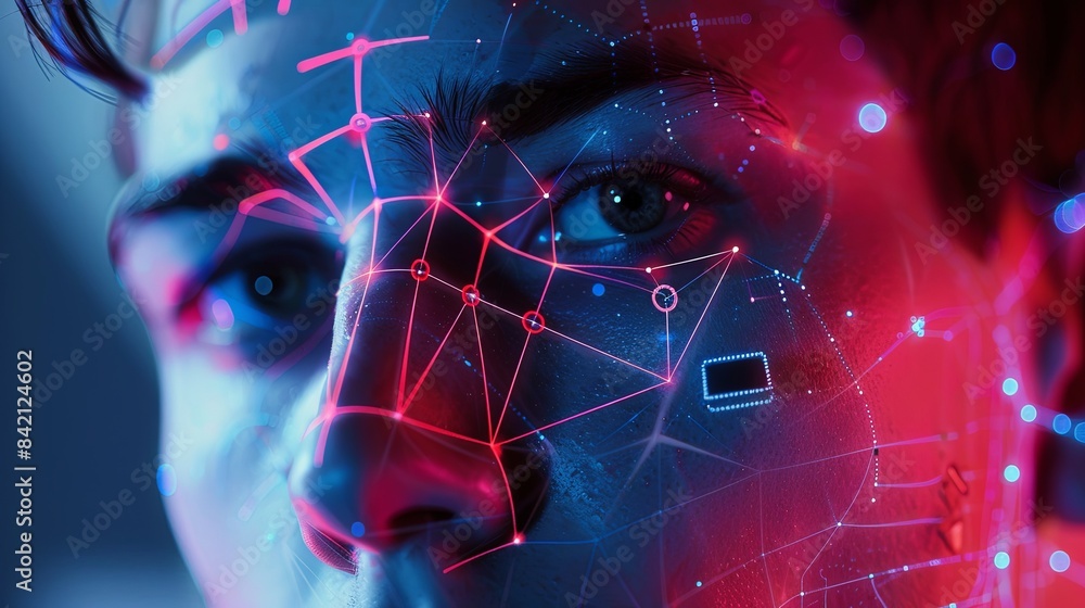Aufkleber Close-up of a persons face with a glowing neon grid overlay, showcasing a facial recognition system in action. Generative AI