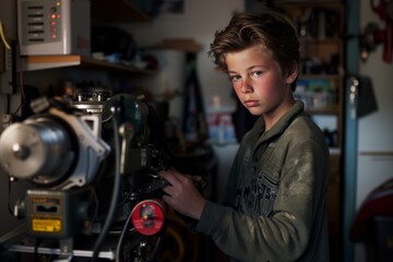 Focused young boy operating machinery in a workshop setting. Youthful curiosity and technical skill are depicted in this candid moment.