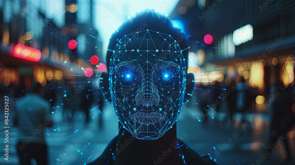 Poster a persons face is overlaid with a digital grid, showcasing the technology of facial recognition in a