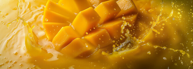 A slice of mango drops in orange juice, blending vibrant flavors