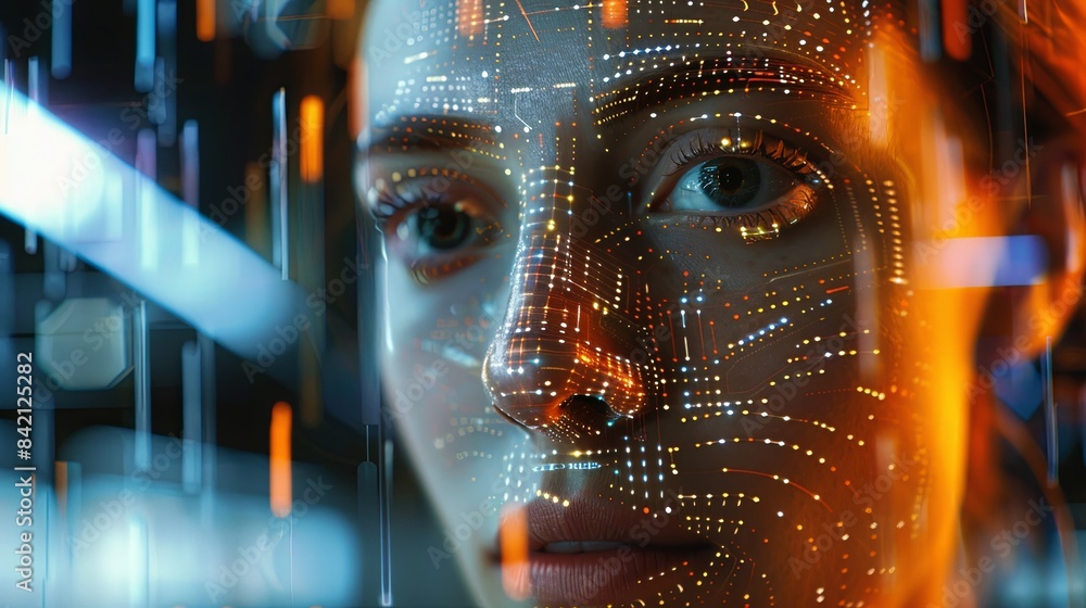 Aufkleber A close-up view of a persons face, digitally scanned with facial recognition technology, showcasing the complex network of data points used for identification. Generative AI