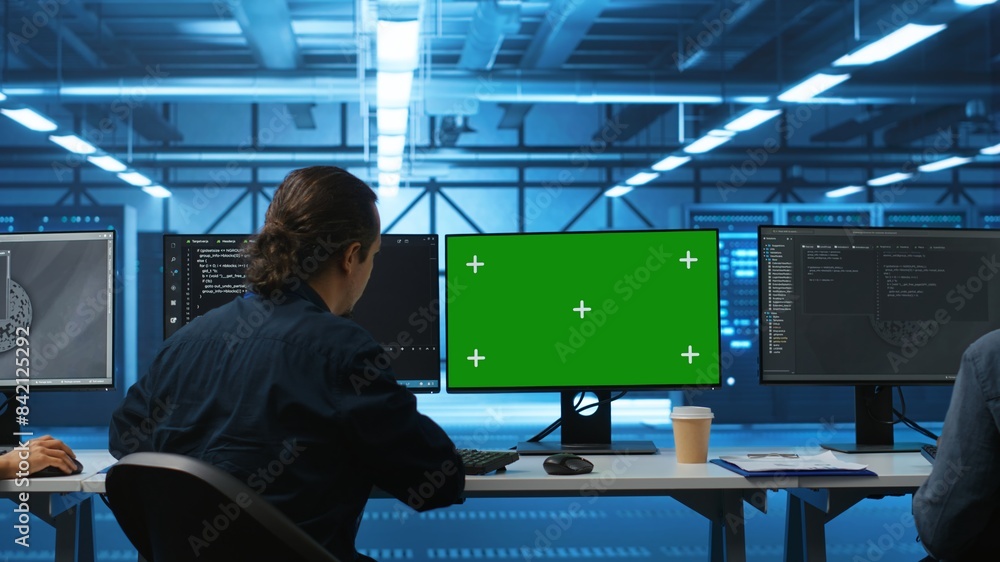 Poster it support workers in data center coding on green screen computers, upgrading equipment. multiethnic